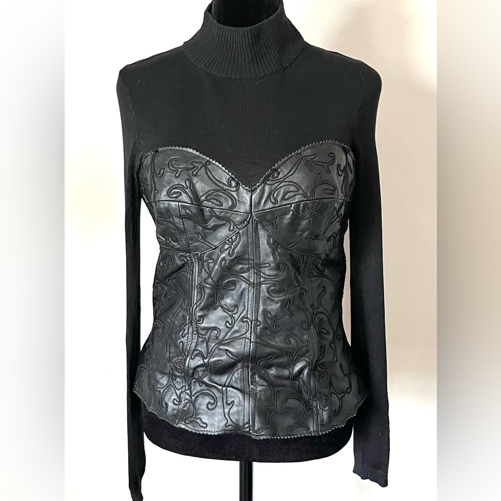 Vintage Boston Proper Black Leather Bustier Silk Blend Mockneck Top Tag XS Fit S
